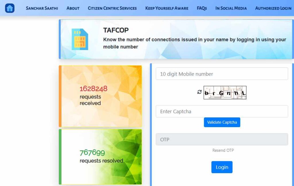 tafcop portal check active sim status 